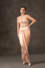 Feathered Dawn – Indo Western Ivory Peach Draped Fairy Outfit