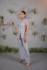 Blue Draft – Aqua Linen Co-ord Set with Minimal Detailing  - Set of 2