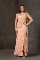 Blushing Veil – Indo Western Pastel Peach Draped Fusion Set
