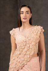 Blushing Veil – Indo Western Pastel Peach Draped Fusion Set