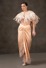 Feathered Dawn – Indo Western Ivory Peach Draped Fairy Outfit