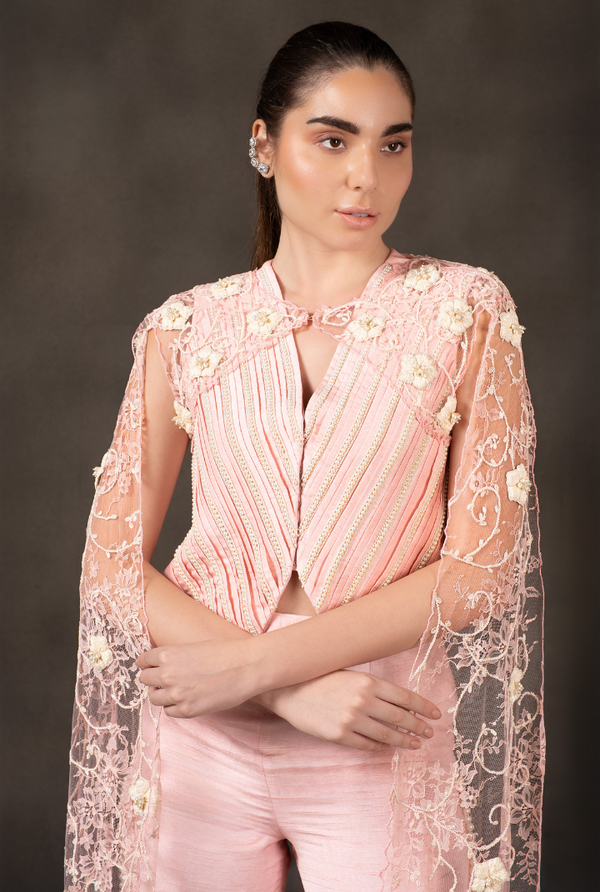Lace Bloom – Blush Pink Designer Co-ord Set with Cape Detail