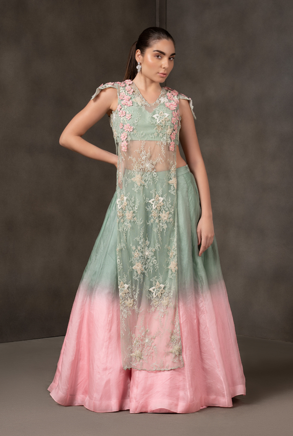 Misty Garden – Pastel Ombre party Lehenga with Floral Jack