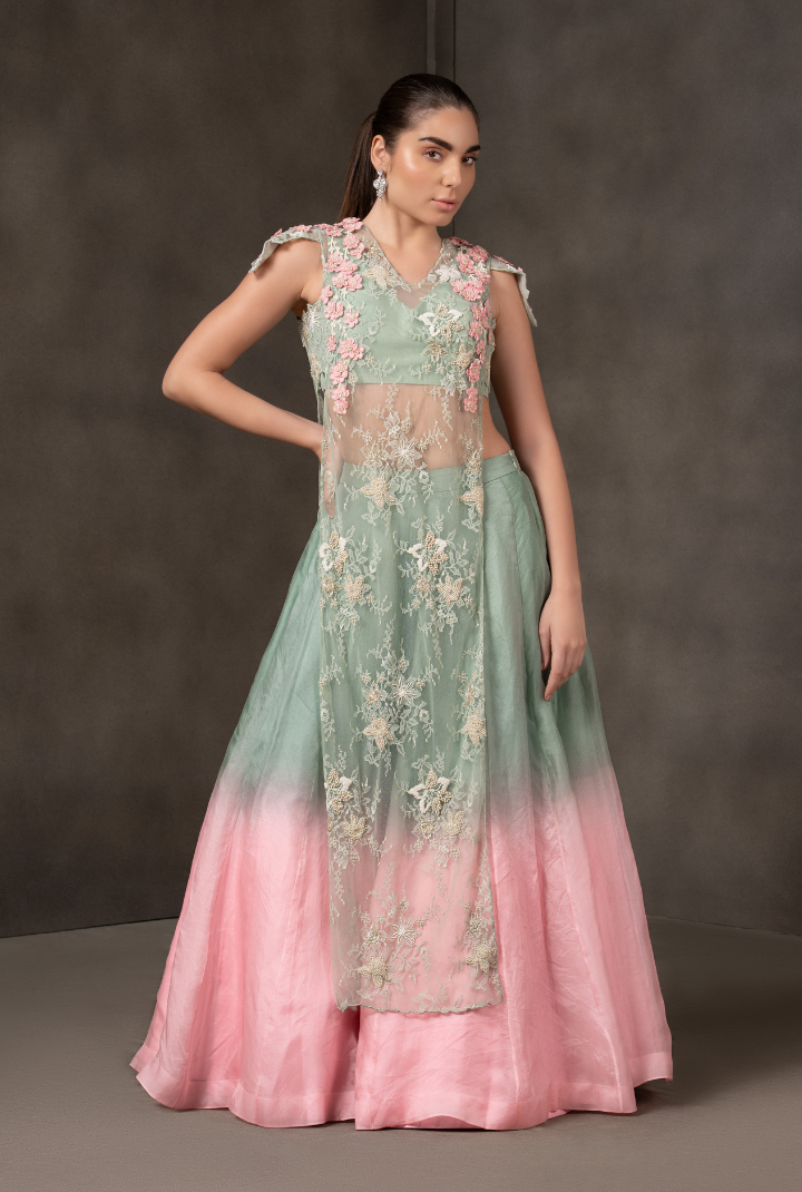Misty Garden – Pastel Ombre party Lehenga with Floral Jack