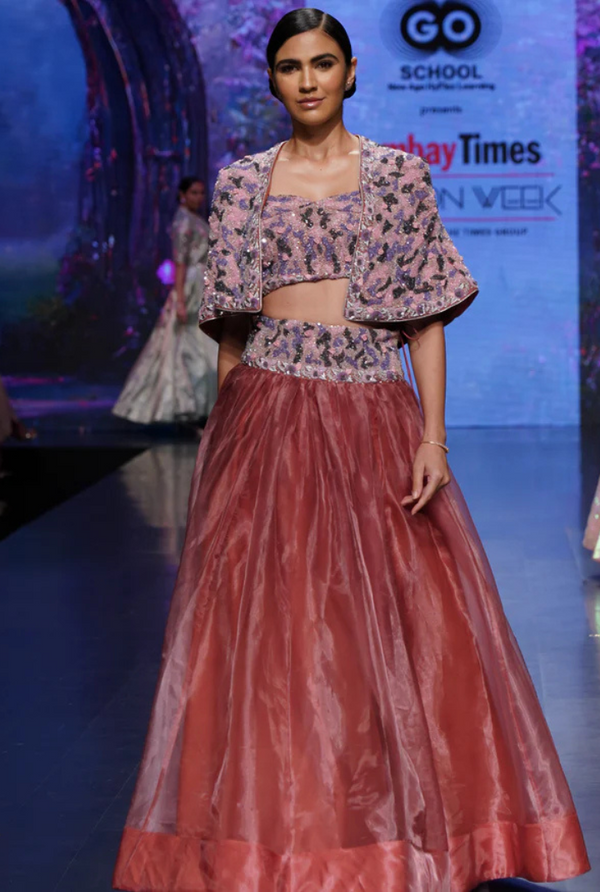 Rosy Coral – Designer Organza Lehenga with Jacket