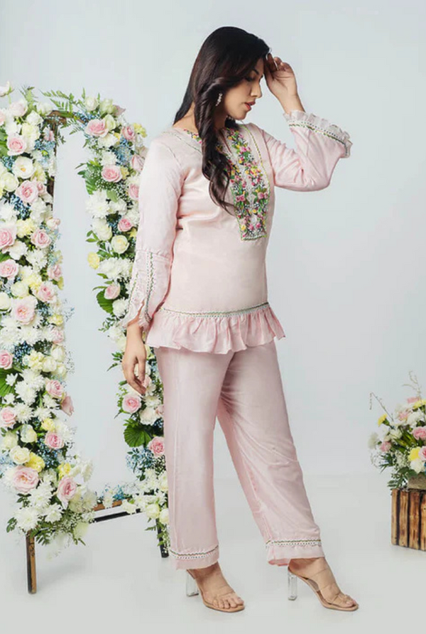 Tiara Blush – French‑Knot Embroidered Pret Co‑ord in Pink