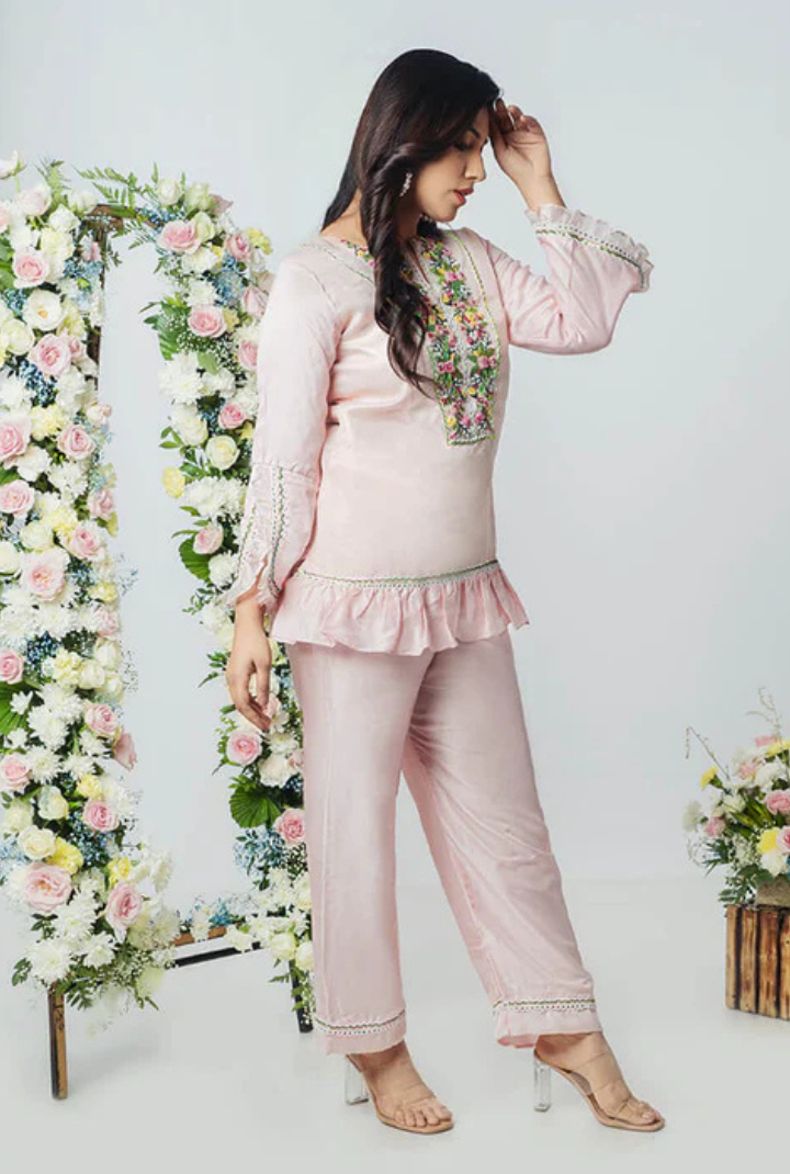 Tiara Blush – French‑Knot Embroidered Pret Co‑ord in Pink