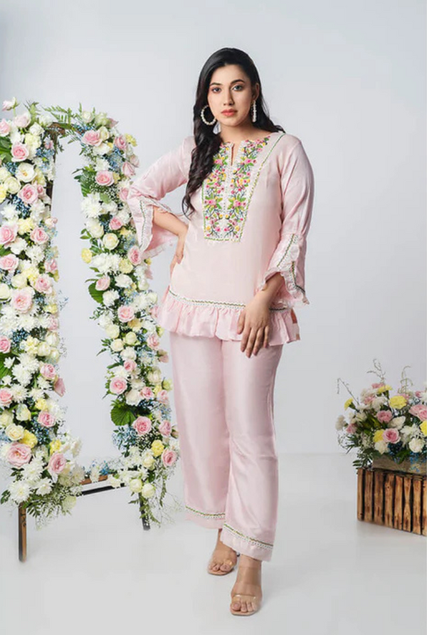 Tiara Blush – French‑Knot Embroidered Pret Co‑ord in Pink