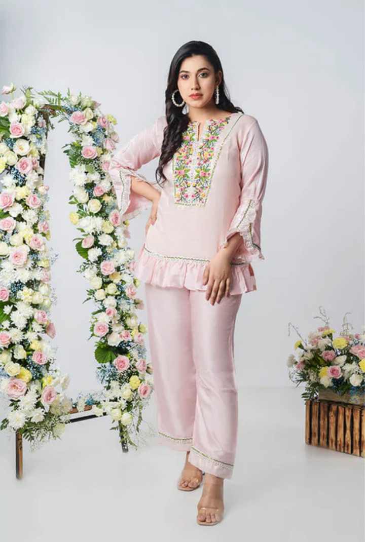 Tiara Blush – French‑Knot Embroidered Pret Co‑ord in Pink