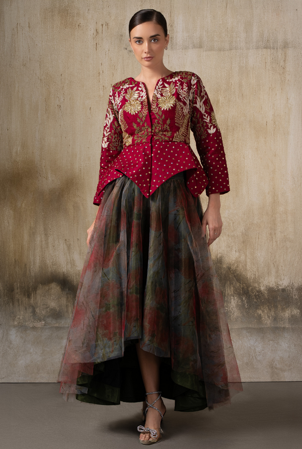 Crimson Enchant – Maroon Indo Western Jacket Fairy Style Dress