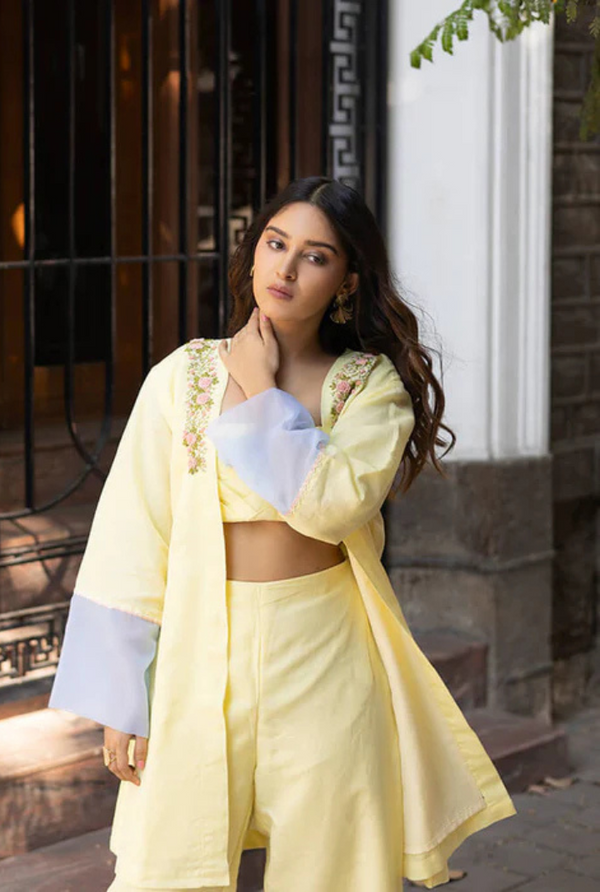 Coral Knots Pastel Yellow Linen Pret Jacket & Pants Set