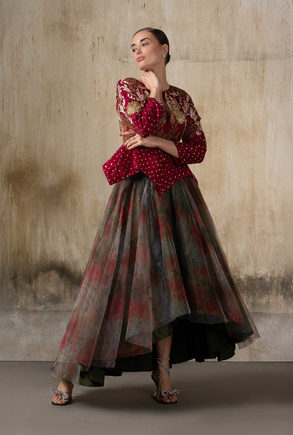 Crimson Enchant – Maroon Indo Western Jacket Fairy Style Dress