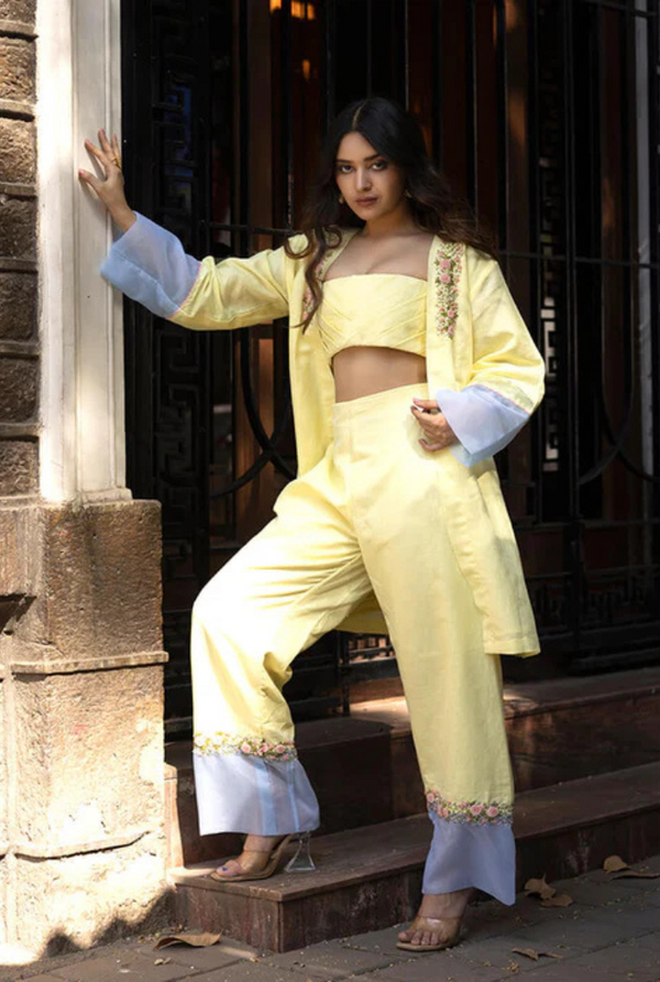 Coral Knots Pastel Yellow Linen Pret Jacket & Pants Set
