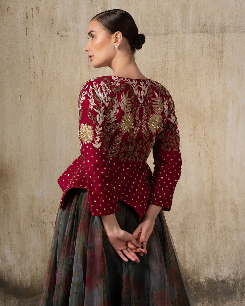 Crimson Enchant Maroon Indo Western Jacket Fairy Style Dress Crimson Enchant Maroon Indo Western Jacket Fairy Style Dress