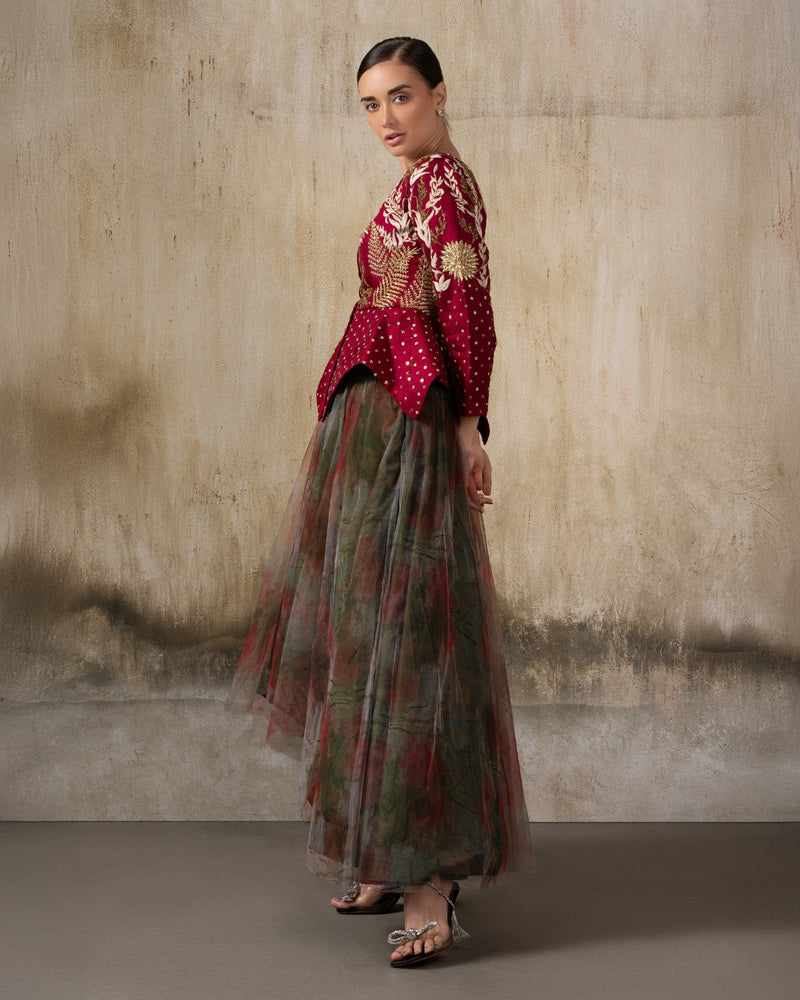 Crimson Enchant Maroon Indo Western Jacket Fairy Style Dress Crimson Enchant Maroon Indo Western Jacket Fairy Style Dress