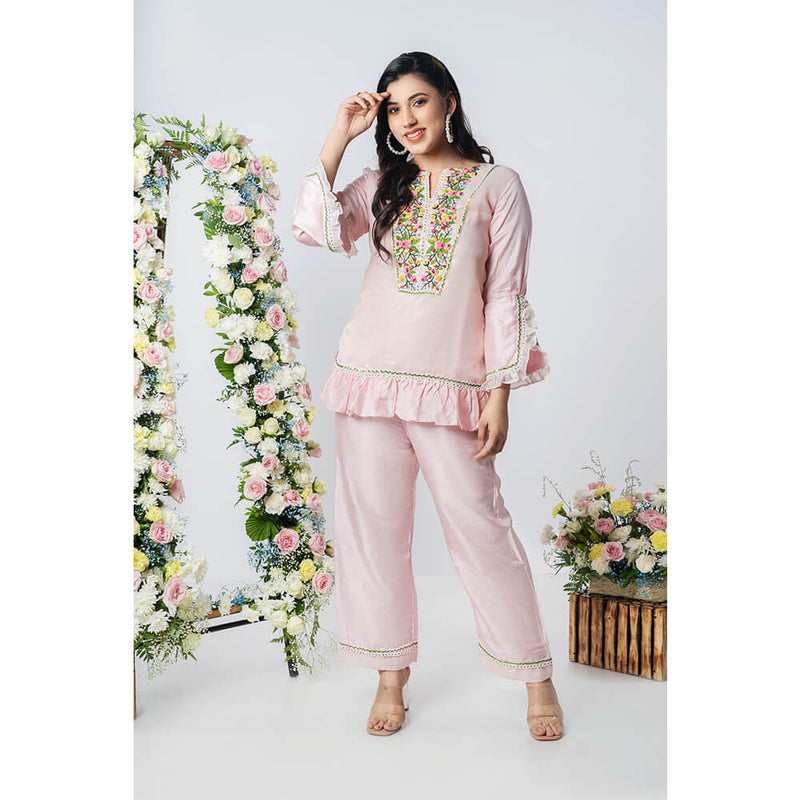 Tiara Blush – French‑Knot Embroidered Pret Co‑ord in Pink