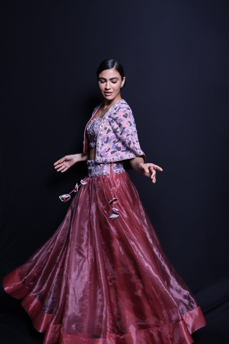 Rosy Coral – Designer Organza Lehenga with Jacket