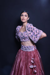 Rosy Coral – Designer Organza Lehenga with Jacket