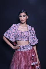Rosy Coral – Designer Organza Lehenga with Jacket