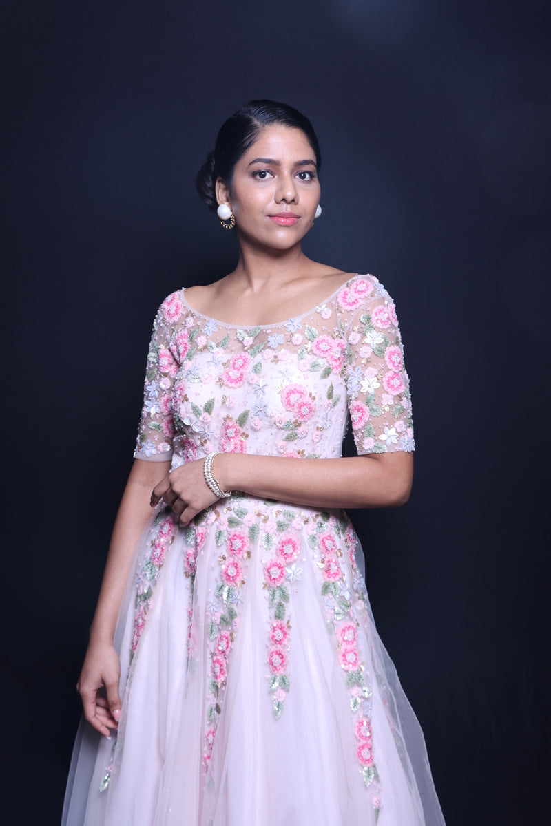 Blush Gardenia – Pastel Floral Organza Gown