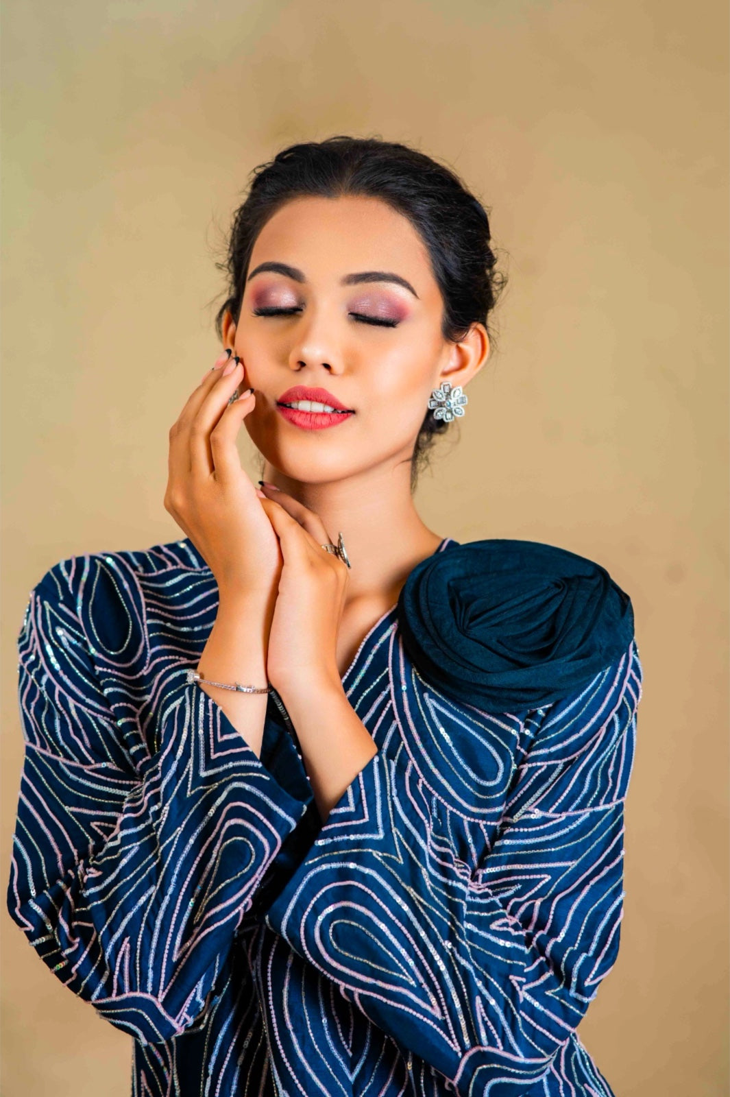Abstract Shine – Navy Blue Cocktail Co-ord Set with Rose Embroidery