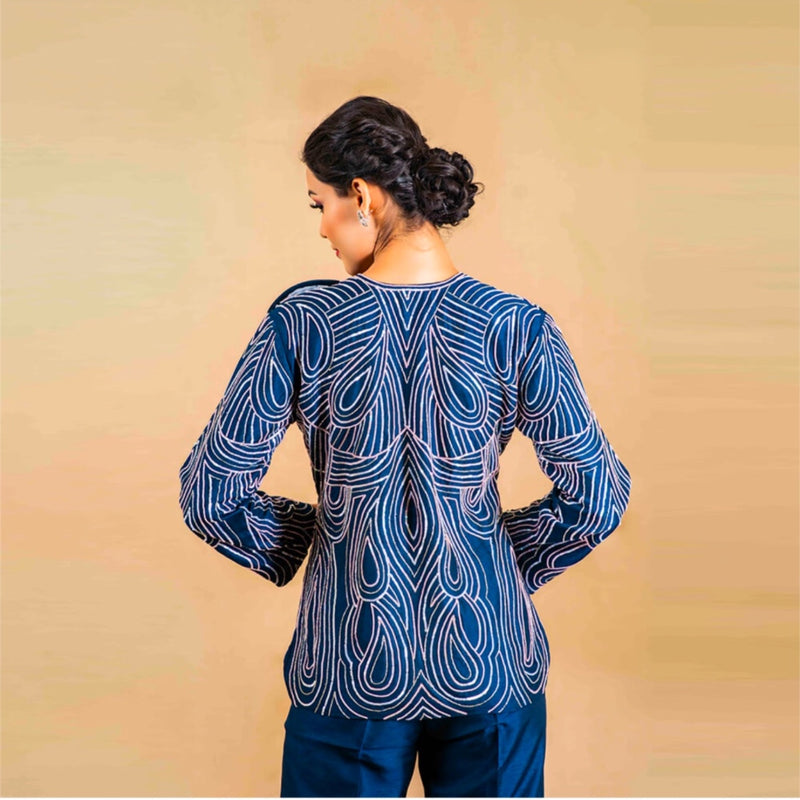 Abstract Shine – Navy Blue Cocktail Co-ord Set with Rose Embroidery
