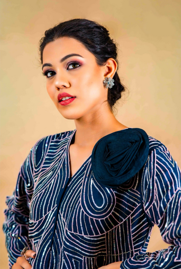 Abstract Shine – Navy Blue Cocktail Co-ord Set with Rose Embroidery