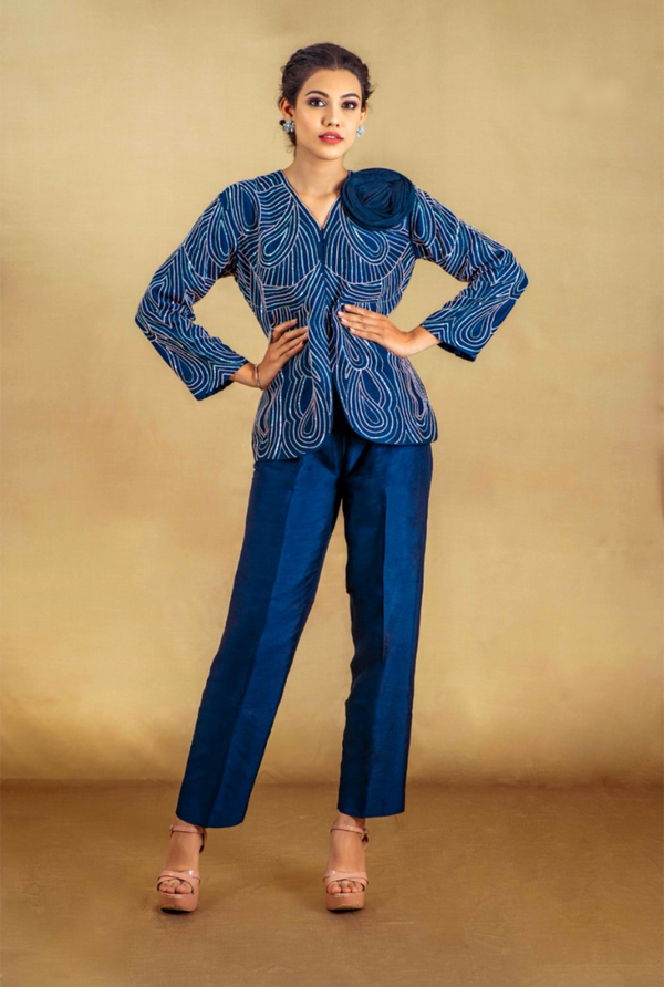 Abstract Shine – Navy Blue Cocktail Co-ord Set with Rose Embroidery