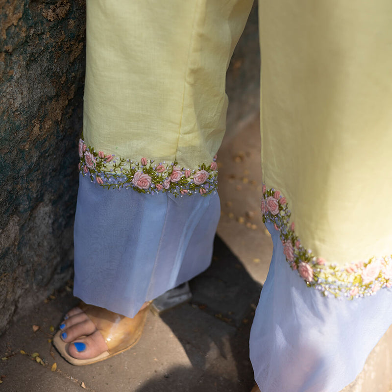 Coral Knots Pastel Yellow Linen Pret Jacket & Pants Set
