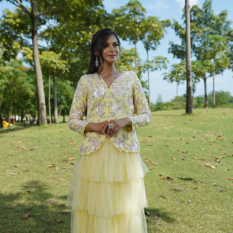 Sunshine Hued Indo Western Luxury Pret Gown – Yellow Festive Dress