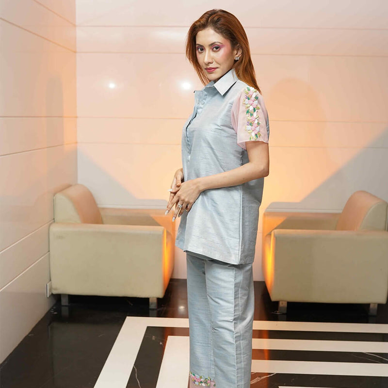 Shy Rose Light Pink Dupion Pret Co-ord Set with French‑Knot Detail